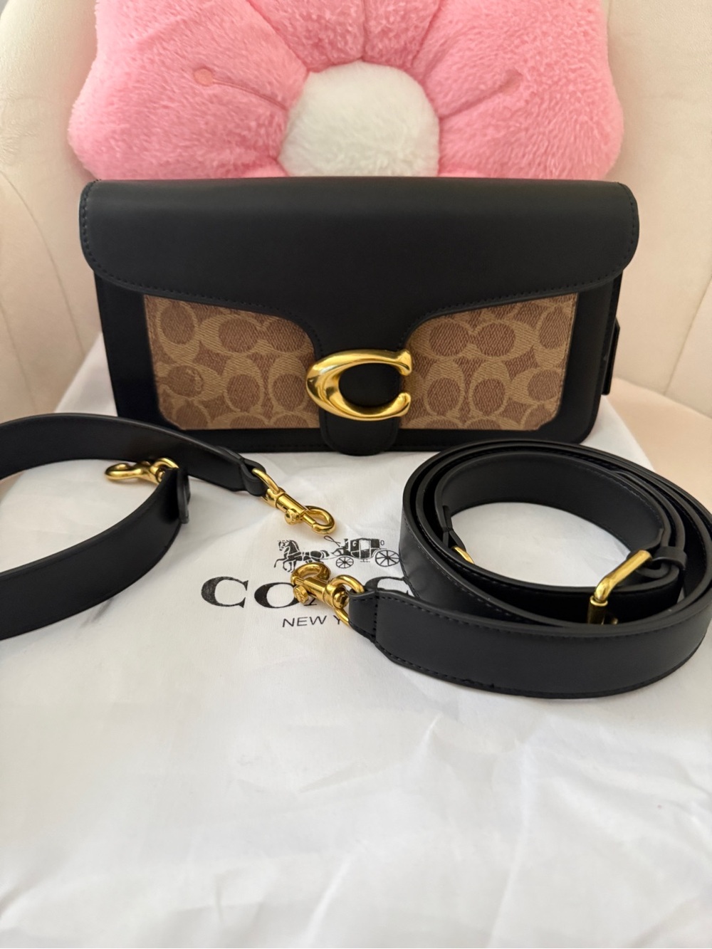 Coach Black Leather Crossbody with Signature Brown Canvas and Gold Hardware